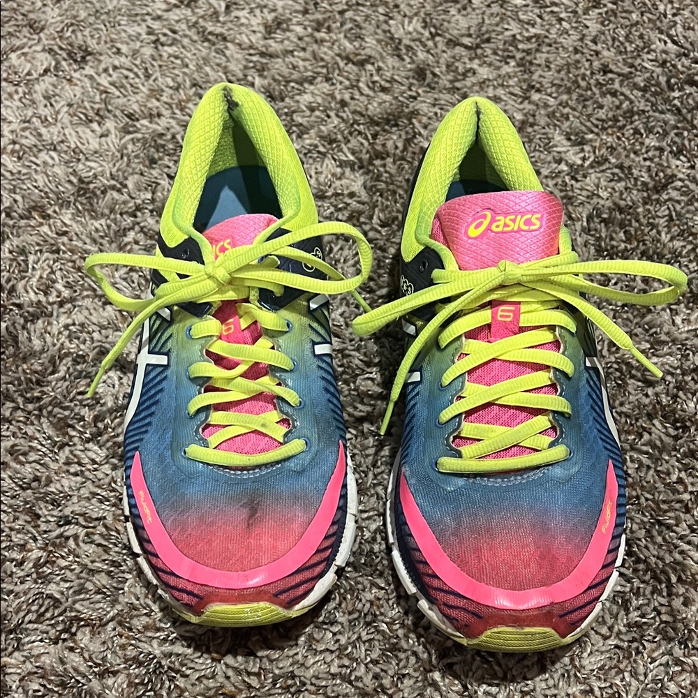 ASICS Women's Gradient Blue Running Shoes with Pink & Neon Yellow Accents